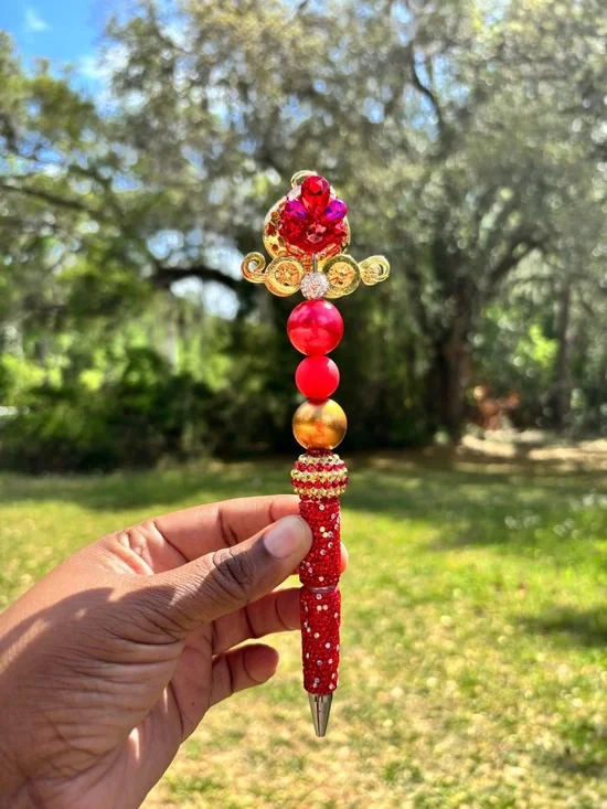 Custom Design Fancy Red & Gold Carriage Beaded Decorative Rhinestone Pen - Picture 2 of 3